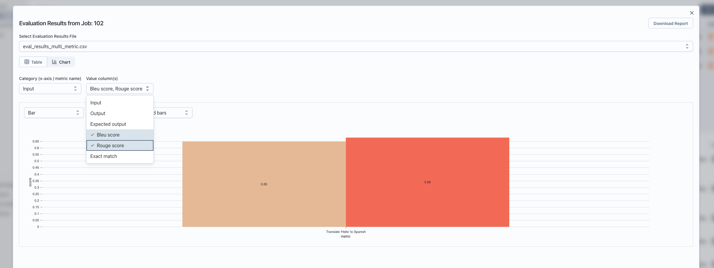 Chart field mapping with Category and Value column dropdowns