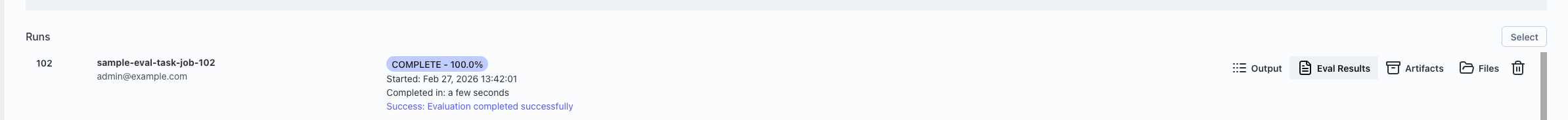 Runs table with “Eval Results” button highlighted