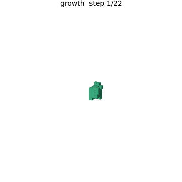 The thin tree shape growing cleanly from a single seed voxel