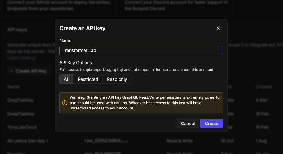 Runpod API key settings