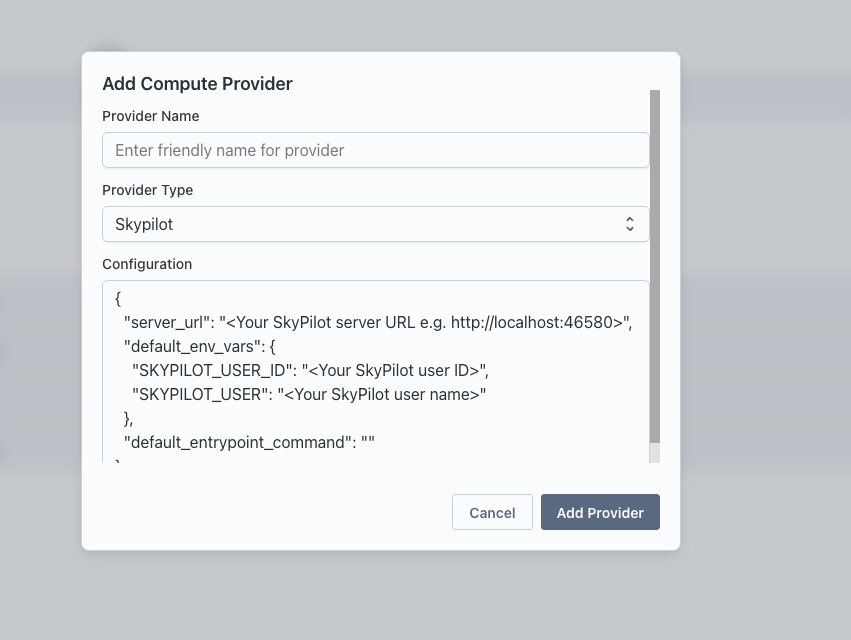 Add Compute Provider dialog and form