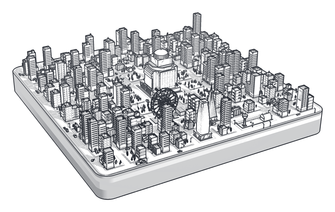 A line drawing of the Primus Society city: towers of labs around a domed institute, with a Ferris wheel, a spire and an airport