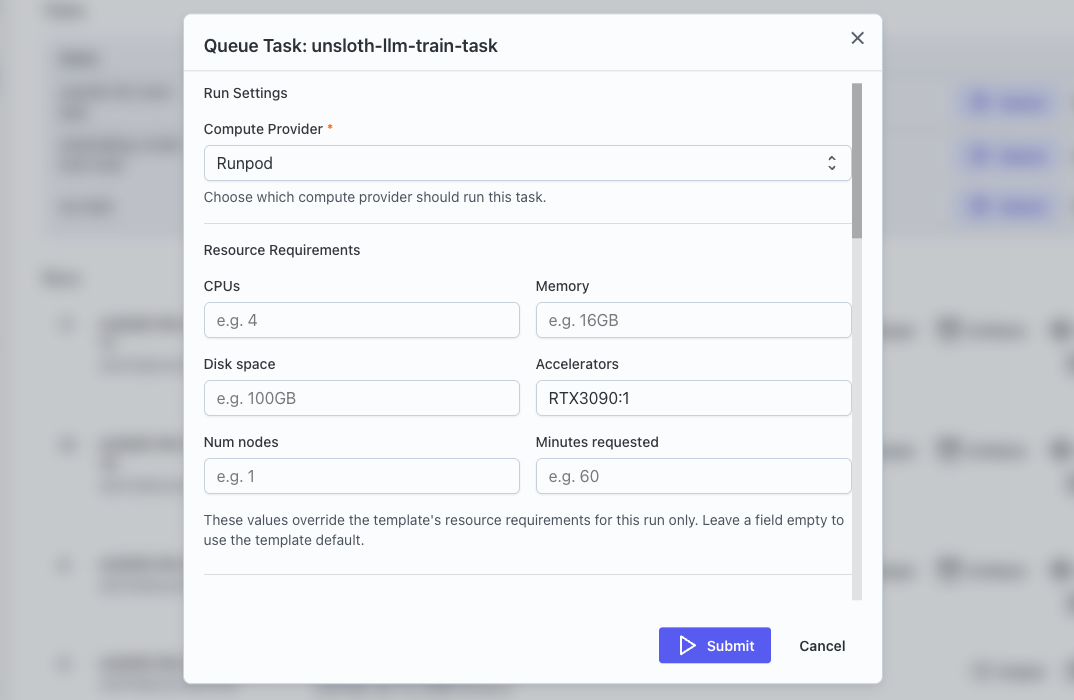 Task configuration dialog