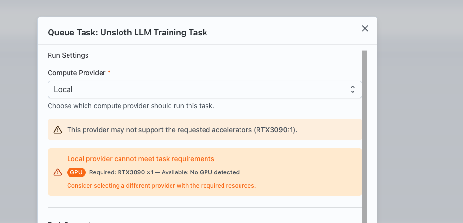 Queue Task Sweep dialog